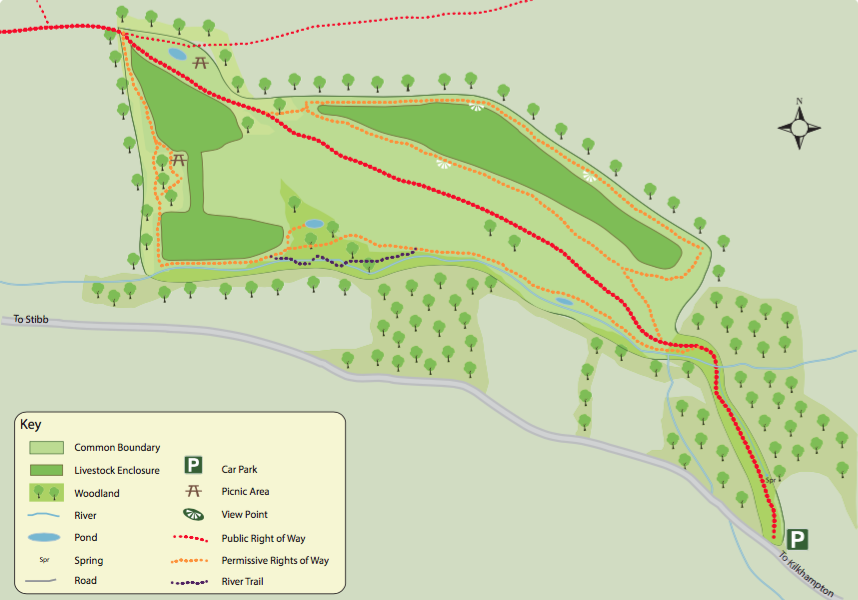 An illustrated map showing Kilkhampton Common and the public and permissive pathways.