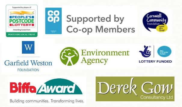Logos of supporting organisations: People's Postcode Lottery, Co-op Members, Cornwall Community Foundation, Garfield Weston, Environment Agency, Big Lottery Fund, Biffa Award, Derek Gow Consultancy