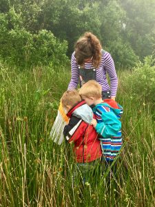Westland Countryside Stewards Kilkhampton Common Nature Trail and Bug Hunt. Teagen Hill and two children peering into a bug net amongst the reeds